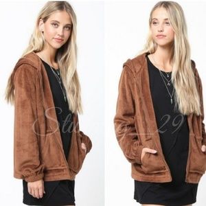 🆕️BROWN FAUX FUR ZIP FRONT HOODED BOMBER JACKET